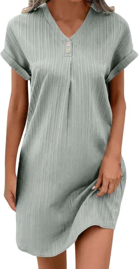 Linen Cotton Dress for Women Button V Neck Midi Dress Short Sleeve Dressy Casual Loose Fit Work T Shirt Dresses