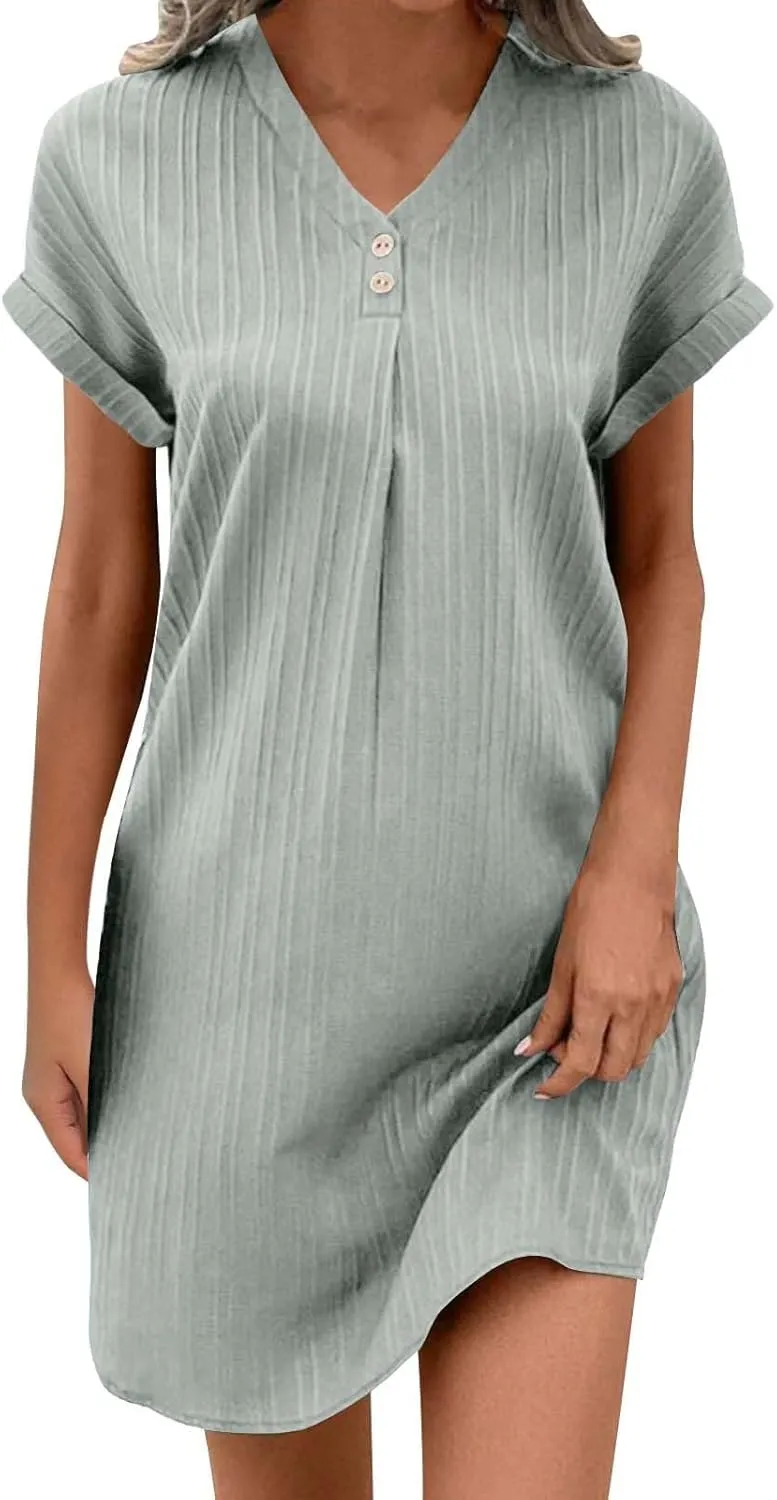 Linen Cotton Dress for Women Button V Neck Midi Dress Short Sleeve Dressy Casual Loose Fit Work T Shirt Dresses