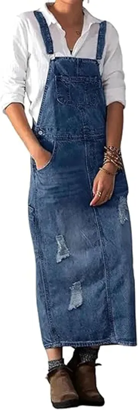 loveimgs Women Distressed Denim Overall Dress Ripped Long Jean Pinafore Dress Adjustable Straps Jumper Bib Dress