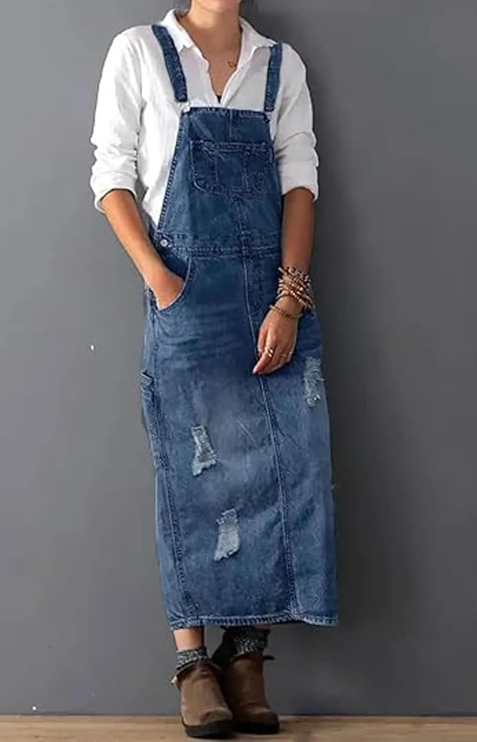 loveimgs Women Distressed Denim Overall Dress Ripped Long Jean Pinafore Dress Adjustable Straps Jumper Bib Dress