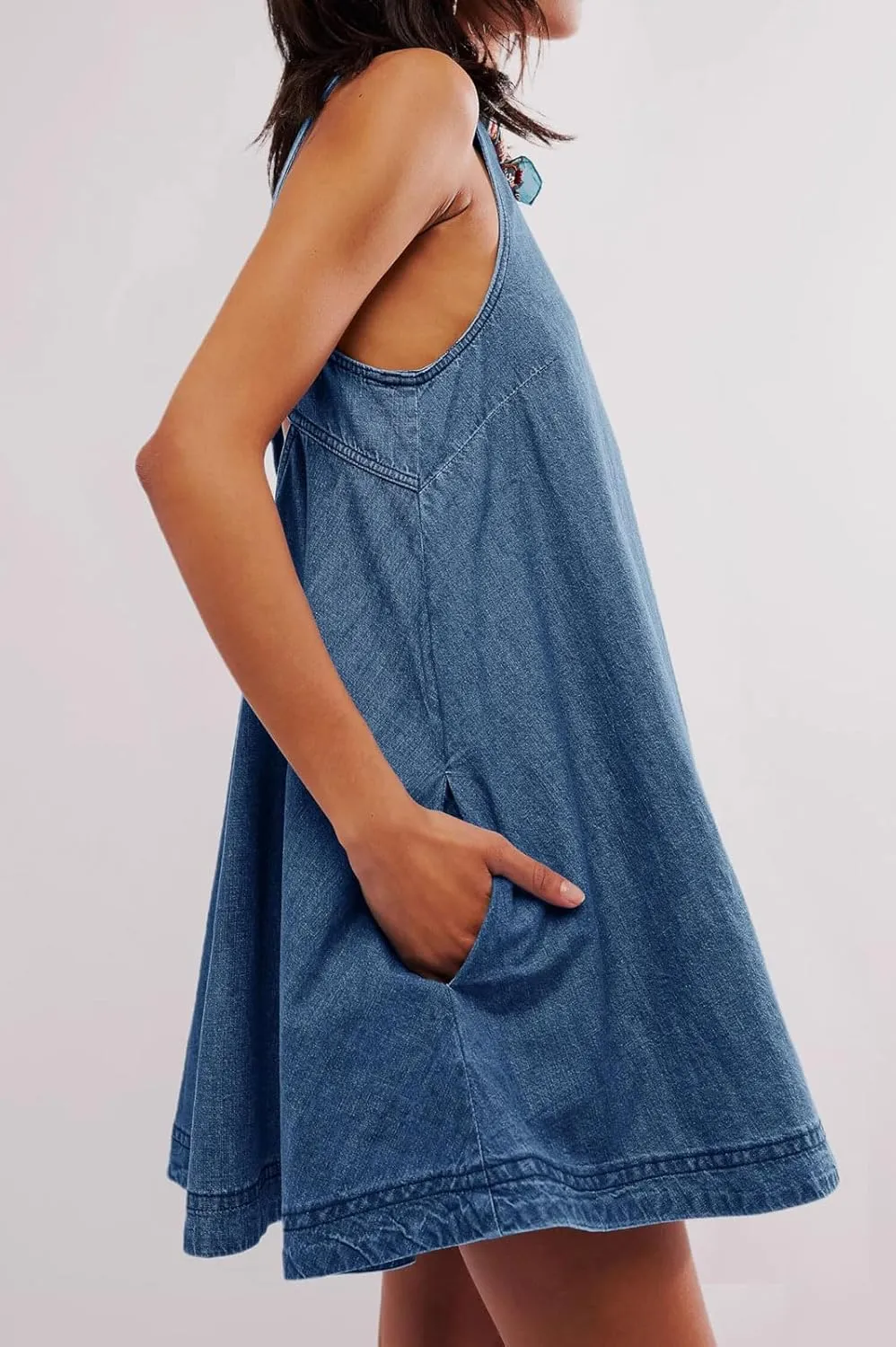 loveimgs Women Summer Sleeveless Denim Mini Dress Jean Tank Babydoll A Line Dress Cutout Flowy Jumper Overall Sundress