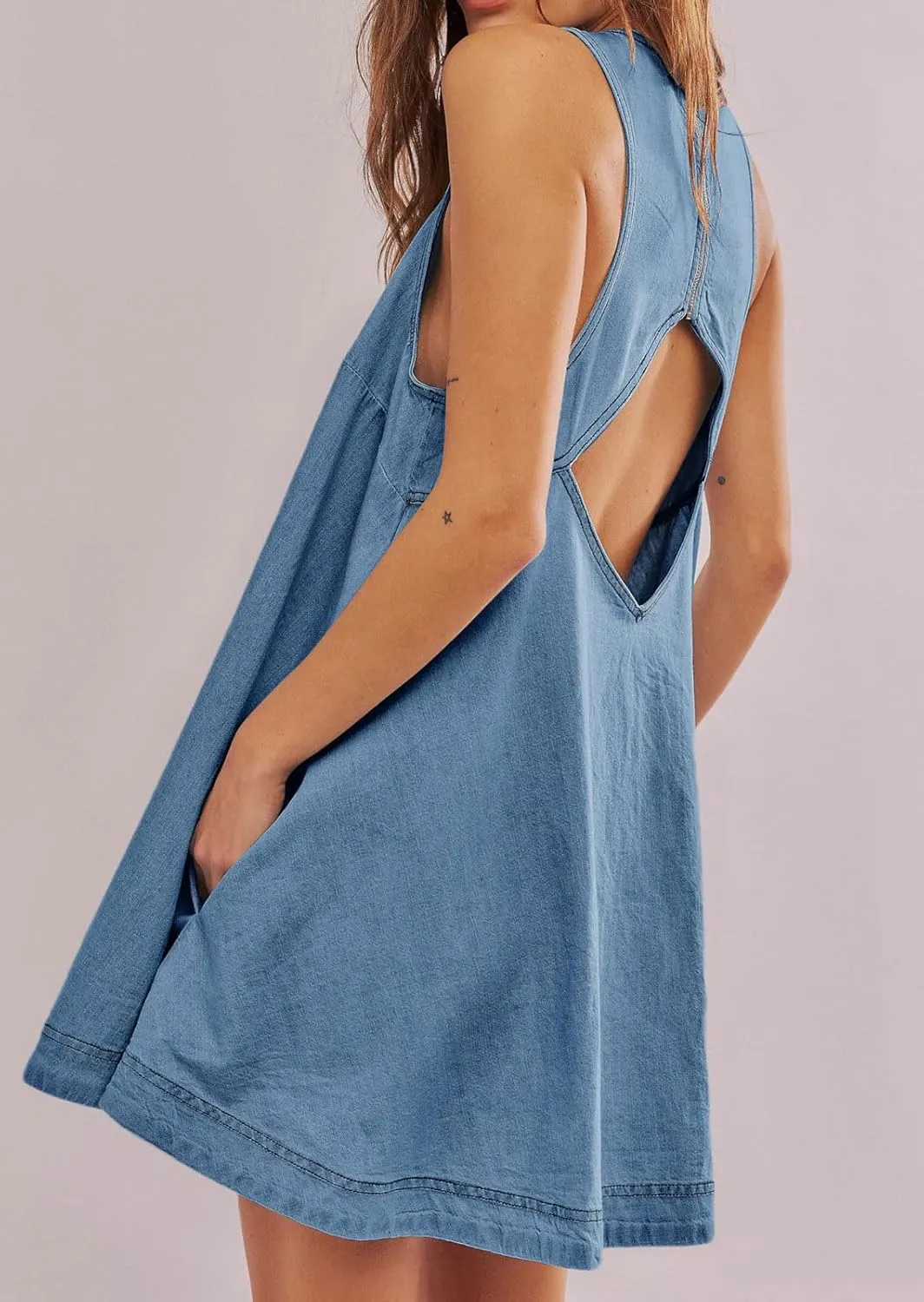 loveimgs Women Summer Sleeveless Denim Mini Dress Jean Tank Babydoll A Line Dress Cutout Flowy Jumper Overall Sundress