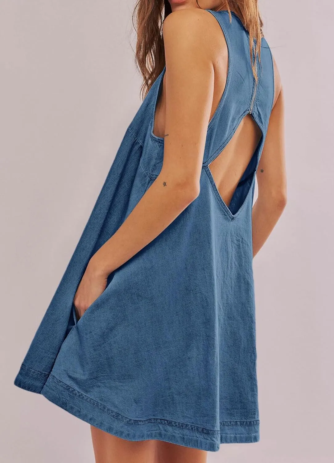 loveimgs Women Summer Sleeveless Denim Mini Dress Jean Tank Babydoll A Line Dress Cutout Flowy Jumper Overall Sundress