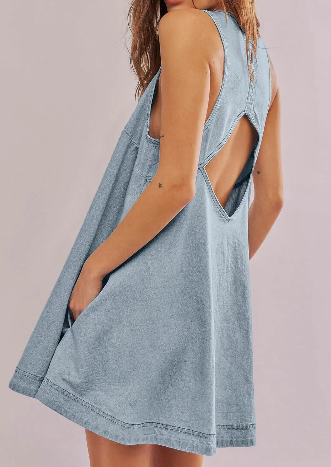 loveimgs Women Summer Sleeveless Denim Mini Dress Jean Tank Babydoll A Line Dress Cutout Flowy Jumper Overall Sundress