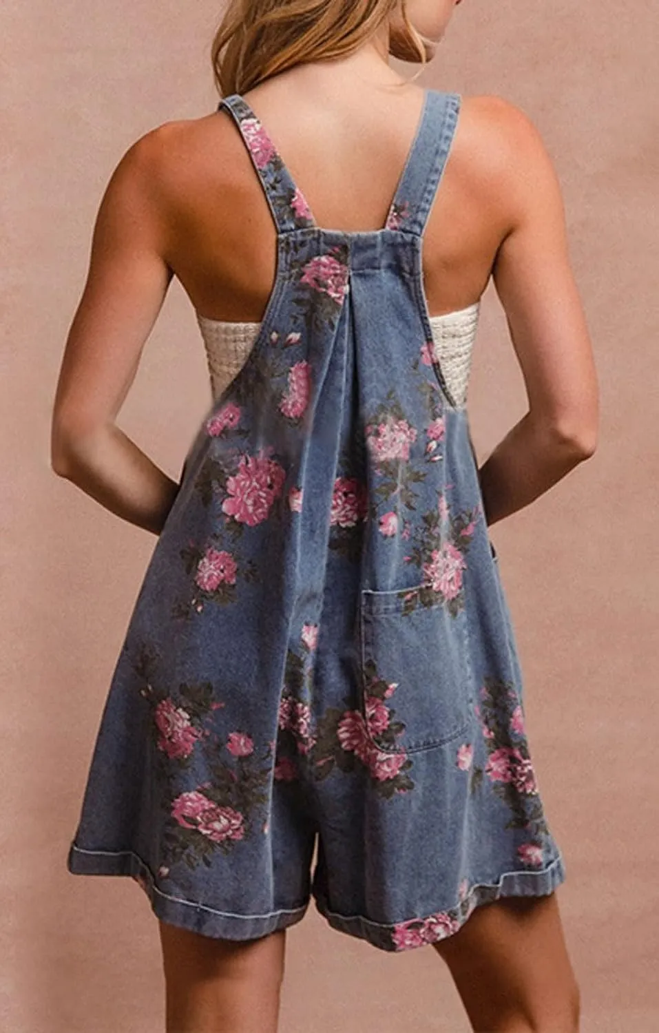 loveimgs Women Summer Straps Ruffle Short Denim Romper Floral Jean Overall Dress Cute Sleeveless Flared Jean Romper Y2k