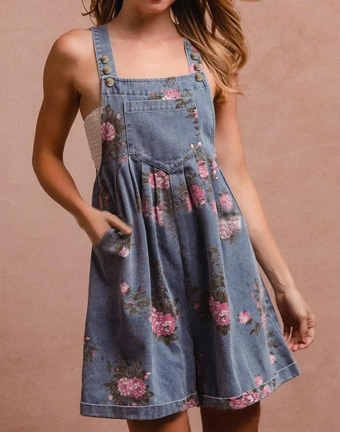 loveimgs Women Summer Straps Ruffle Short Denim Romper Floral Jean Overall Dress Cute Sleeveless Flared Jean Romper Y2k