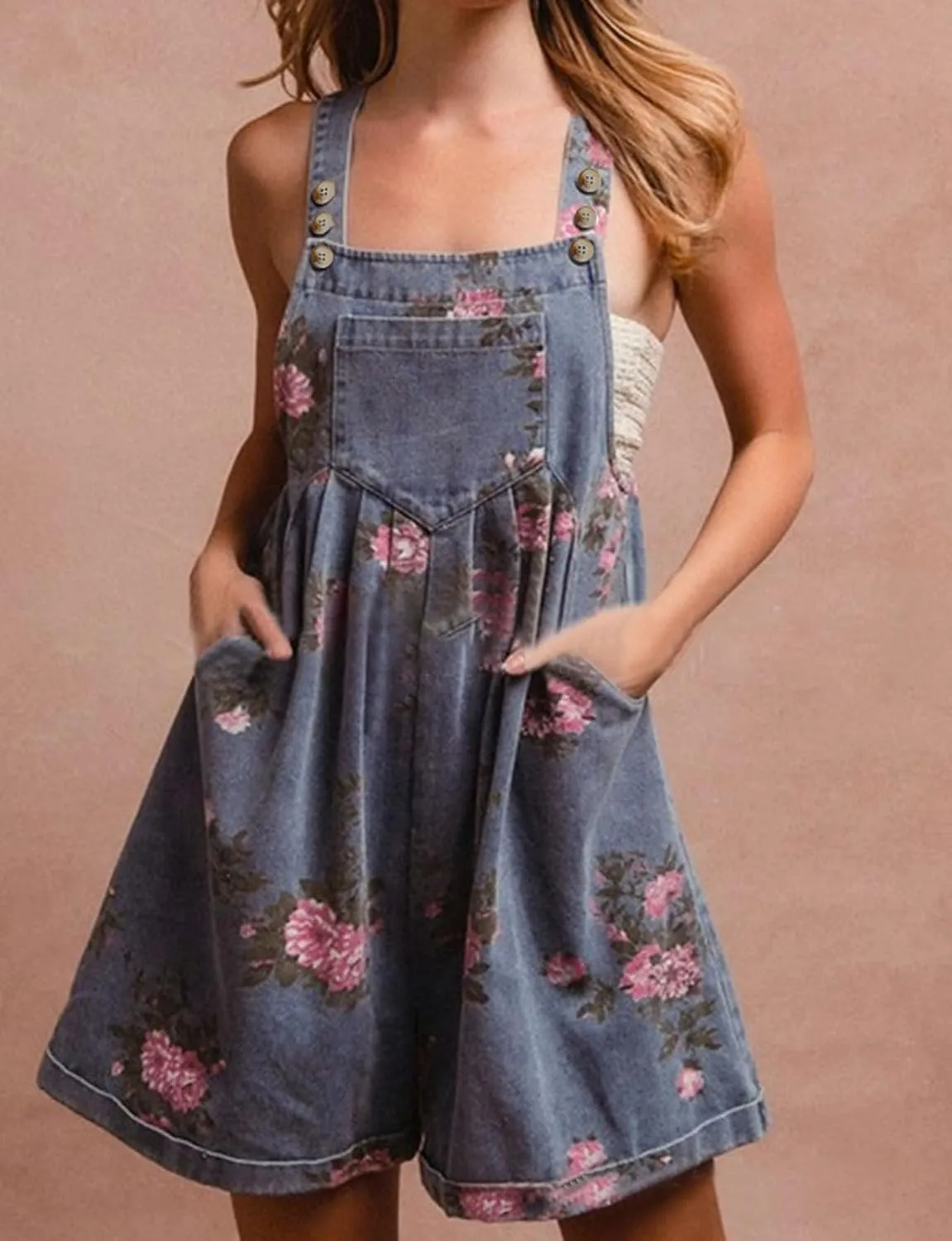 loveimgs Women Summer Straps Ruffle Short Denim Romper Floral Jean Overall Dress Cute Sleeveless Flared Jean Romper Y2k