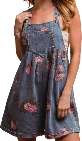 loveimgs Women Summer Straps Ruffle Short Denim Romper Floral Jean Overall Dress Cute Sleeveless Flared Jean Romper Y2k
