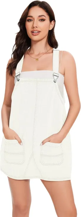 LOZ Womens Denim Overalls Dress Casual Summer Jean Sleeveless Romper Adjustable Strap Denim Dress with Pockets