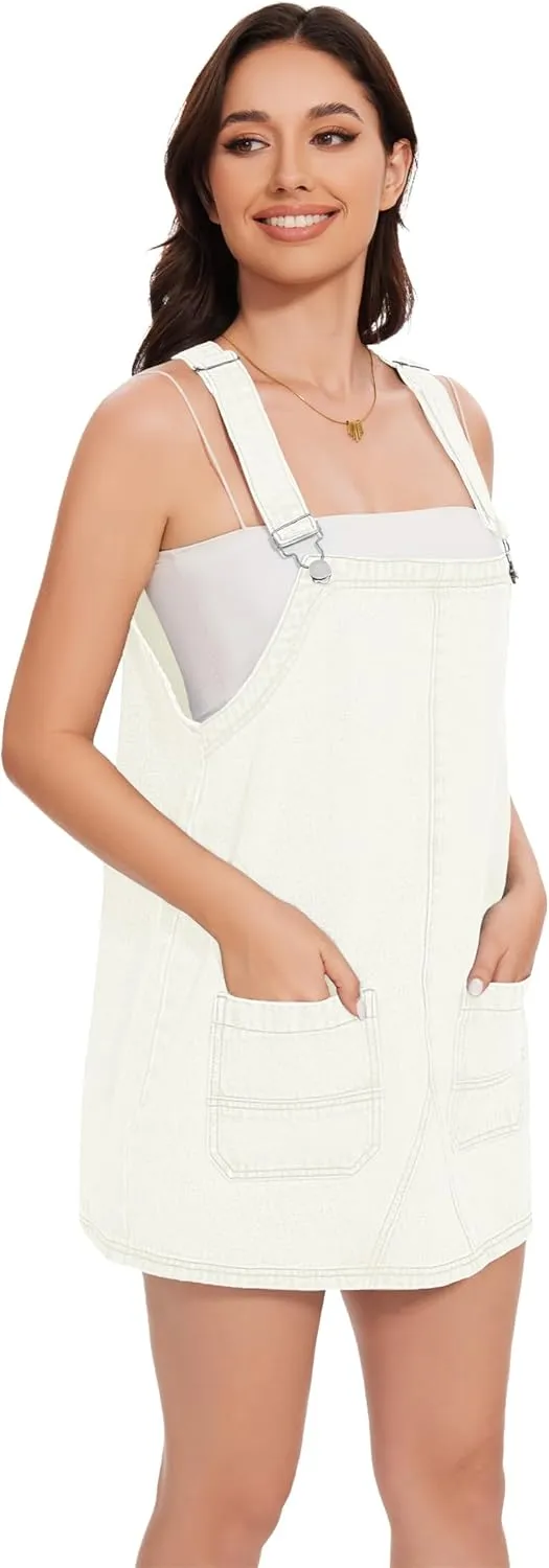 LOZ Womens Denim Overalls Dress Casual Summer Jean Sleeveless Romper Adjustable Strap Denim Dress with Pockets