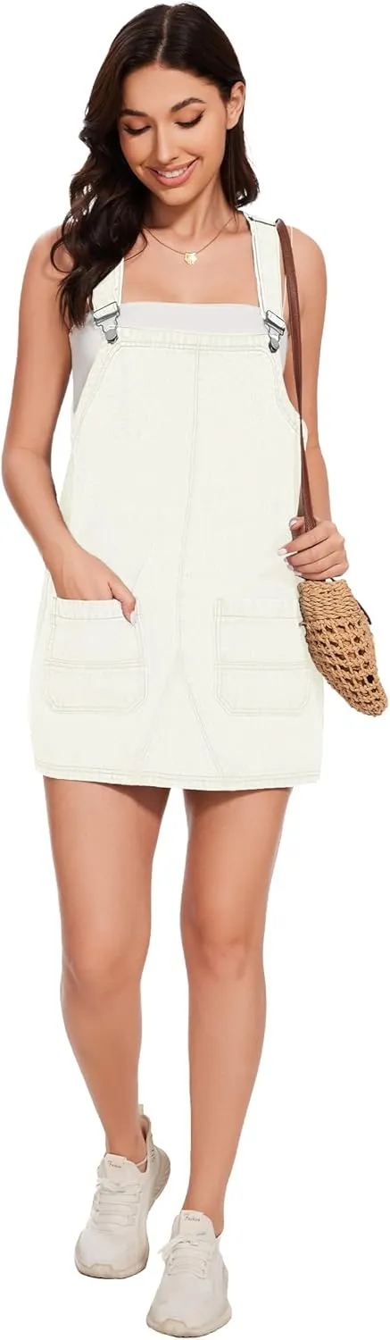 LOZ Womens Denim Overalls Dress Casual Summer Jean Sleeveless Romper Adjustable Strap Denim Dress with Pockets