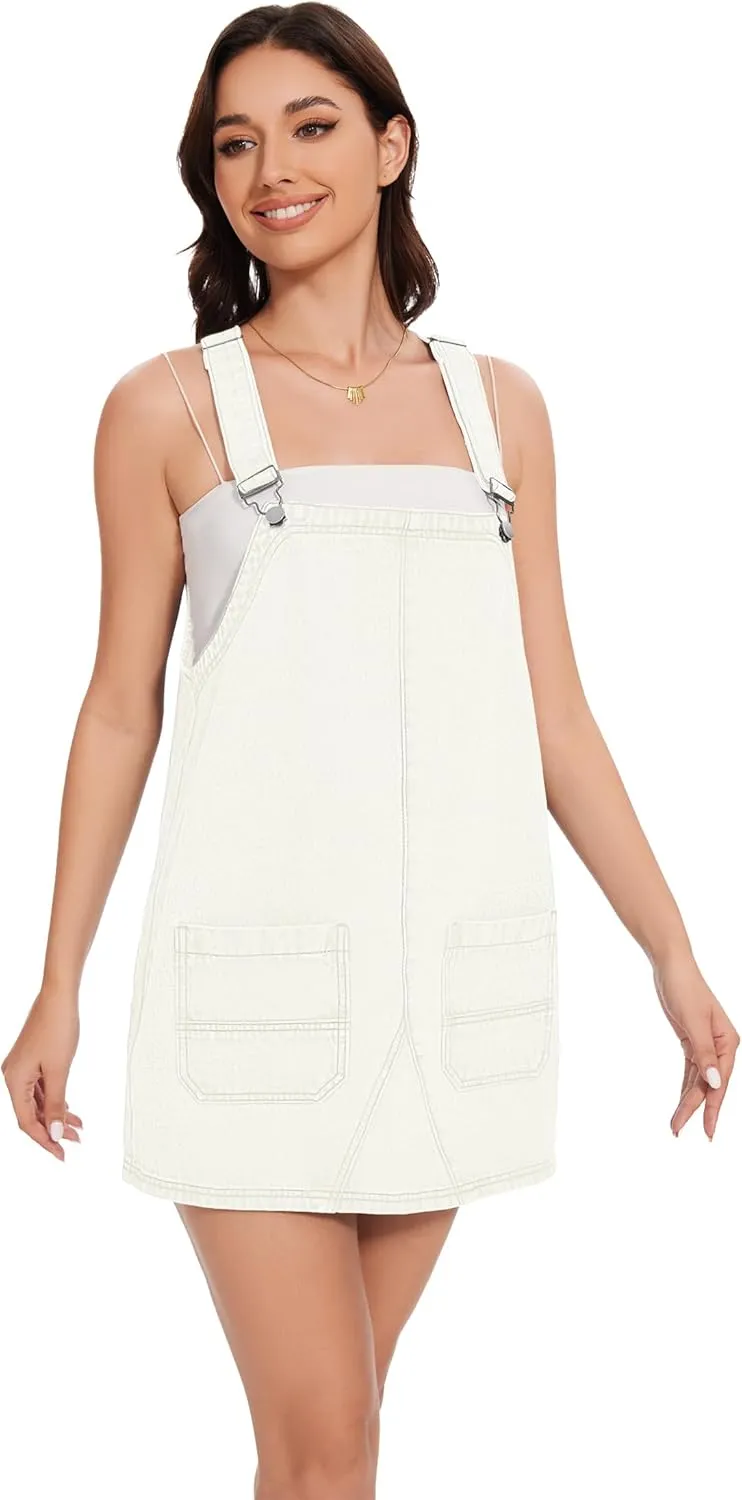 LOZ Womens Denim Overalls Dress Casual Summer Jean Sleeveless Romper Adjustable Strap Denim Dress with Pockets