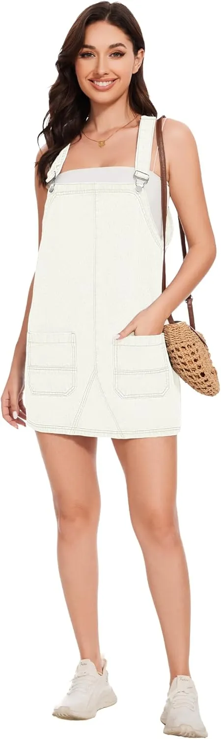 LOZ Womens Denim Overalls Dress Casual Summer Jean Sleeveless Romper Adjustable Strap Denim Dress with Pockets