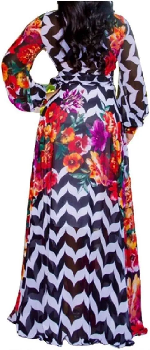 lvenzse Womens Maxi Dress Boho Chiffon Floral Printed V-Neck Long Dresses