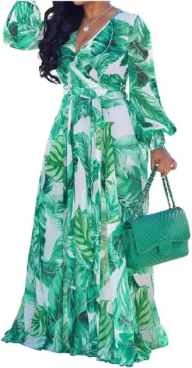 lvenzse Womens Maxi Dress Boho Chiffon Floral Printed V-Neck Long Dresses