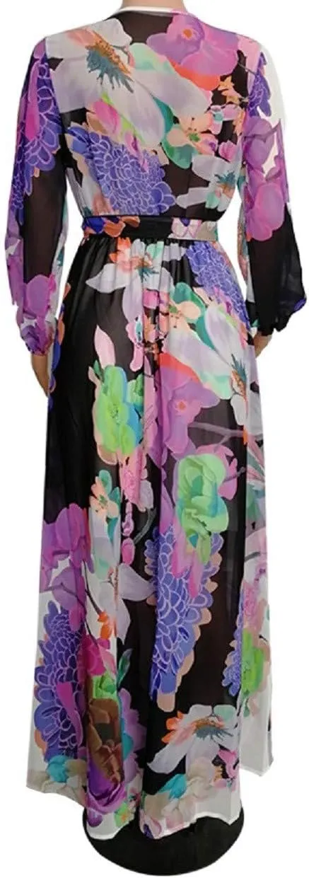 lvenzse Womens Maxi Dress Boho Chiffon Floral Printed V-Neck Long Dresses