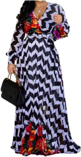 lvenzse Womens Maxi Dress Boho Chiffon Floral Printed V-Neck Long Dresses