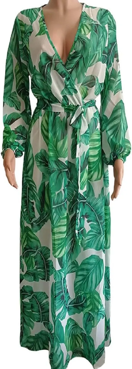lvenzse Womens Maxi Dress Boho Chiffon Floral Printed V-Neck Long Dresses