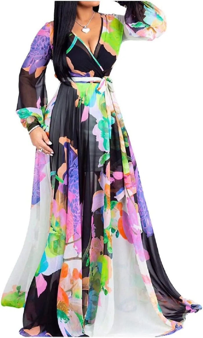 lvenzse Womens Maxi Dress Boho Chiffon Floral Printed V-Neck Long Dresses