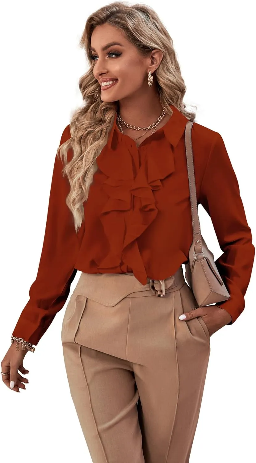LYANER Women's Collar Neck Button Down Ruffle Front Long Sleeve Blouse Shirt Top