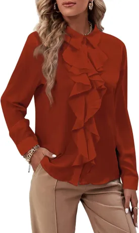LYANER Women's Collar Neck Button Down Ruffle Front Long Sleeve Blouse Shirt Top