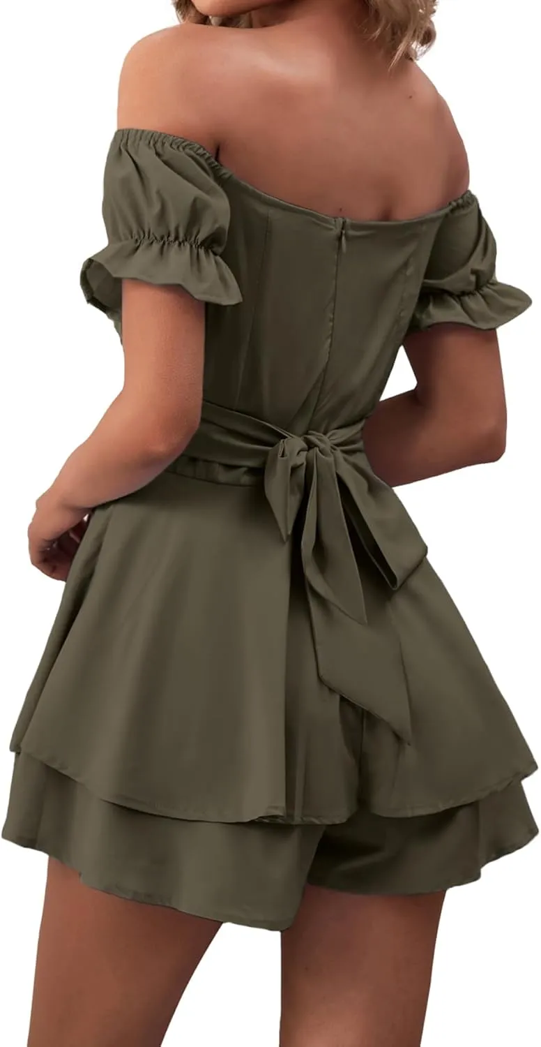 LYANER Women's Off Shoulder Wrap Tie Up Back Ruffle Short Sleeve Romper Short Jumpsuit