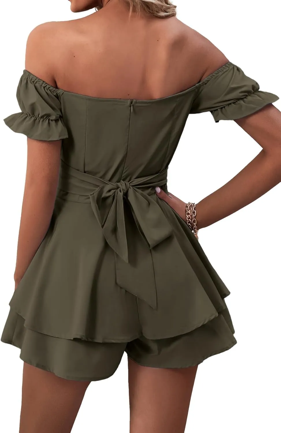 LYANER Women's Off Shoulder Wrap Tie Up Back Ruffle Short Sleeve Romper Short Jumpsuit