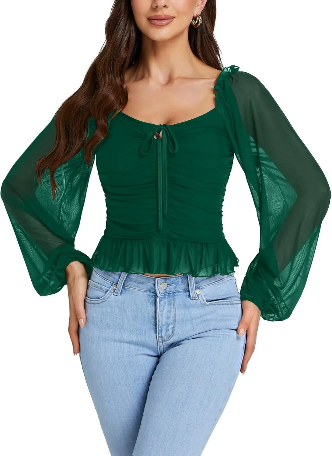 LYANER Women's Sweetheart Neck Self Tie Knot Shirred Back Mesh Lantern Long Sleeve Blouse Shirt Top