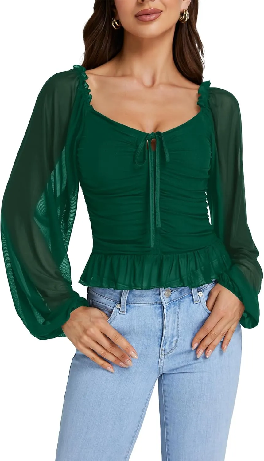 LYANER Women's Sweetheart Neck Self Tie Knot Shirred Back Mesh Lantern Long Sleeve Blouse Shirt Top