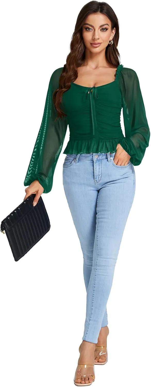 LYANER Women's Sweetheart Neck Self Tie Knot Shirred Back Mesh Lantern Long Sleeve Blouse Shirt Top