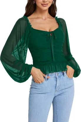 LYANER Women's Sweetheart Neck Self Tie Knot Shirred Back Mesh Lantern Long Sleeve Blouse Shirt Top