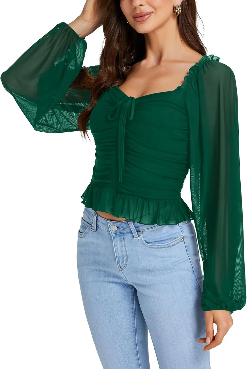 LYANER Women's Sweetheart Neck Self Tie Knot Shirred Back Mesh Lantern Long Sleeve Blouse Shirt Top