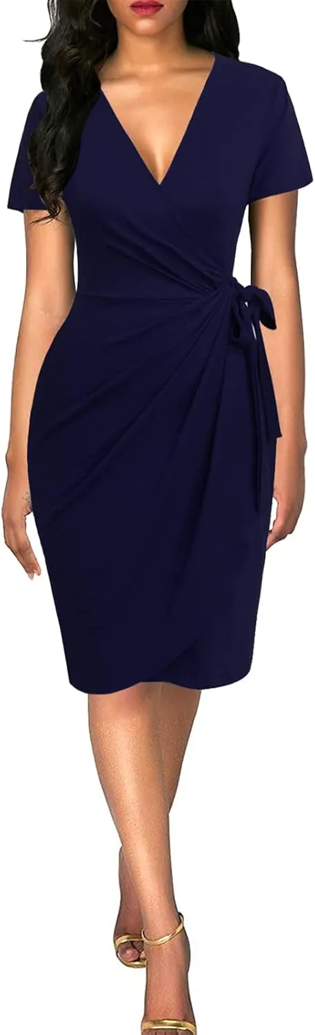 Lyrur Women's Classic V-Neck Casual Party Knee Length Sheath Work Short Sleeve Faux Black Wrap Dress