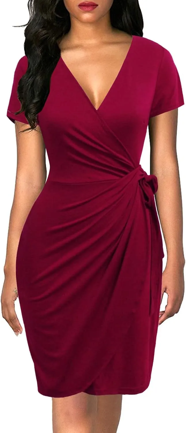 Lyrur Women's Classic V-Neck Casual Party Knee Length Sheath Work Short Sleeve Faux Black Wrap Dress