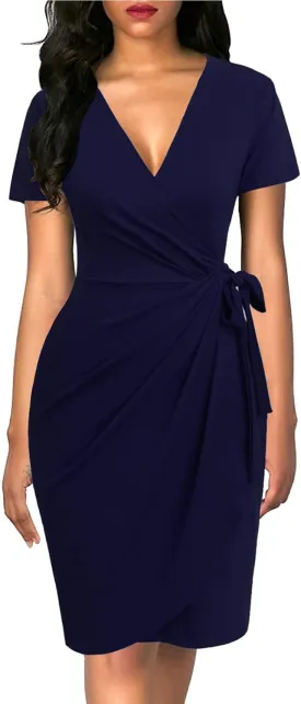 Lyrur Women's Classic V-Neck Casual Party Knee Length Sheath Work Short Sleeve Faux Black Wrap Dress