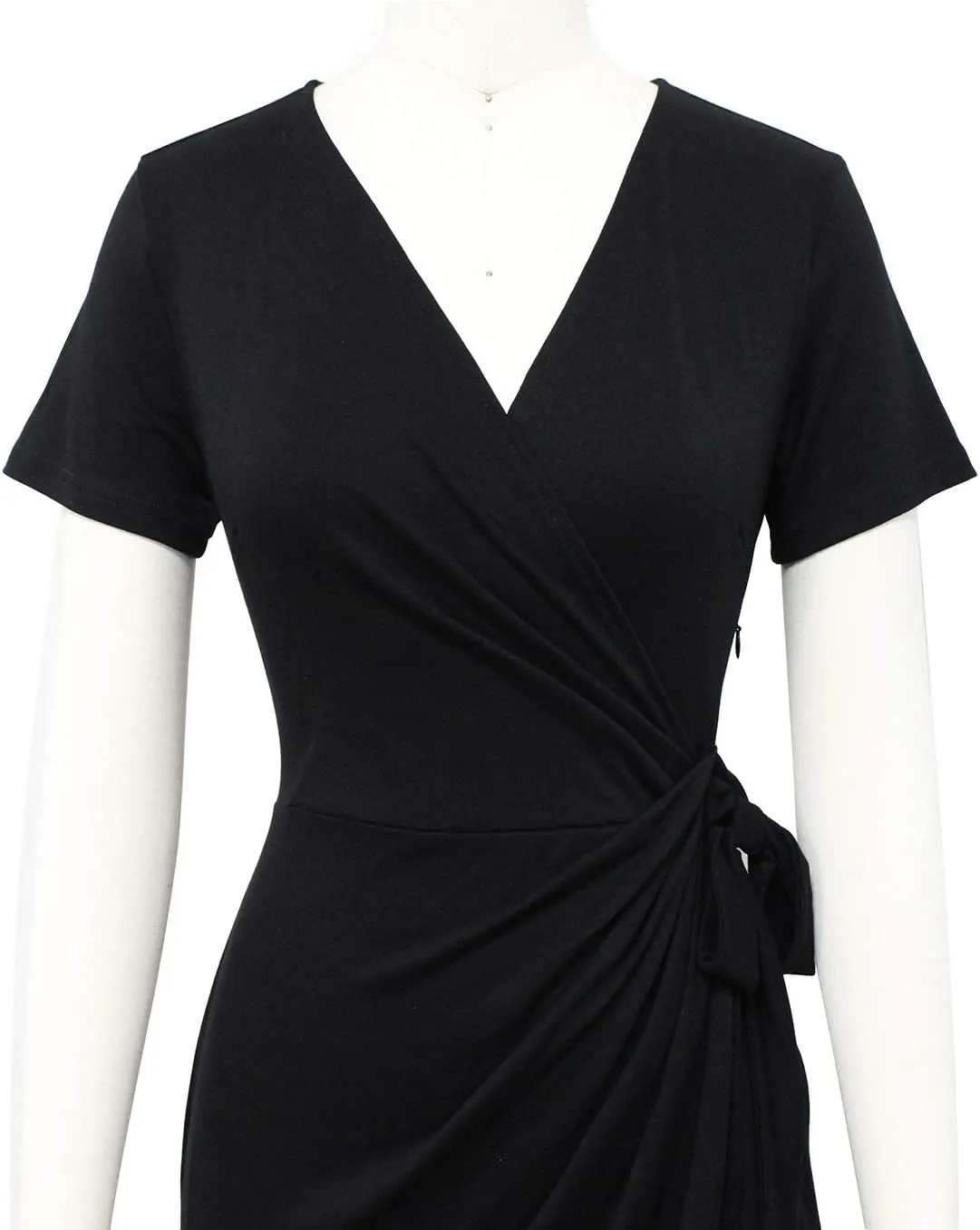 Lyrur Women's Classic V-Neck Casual Party Knee Length Sheath Work Short Sleeve Faux Black Wrap Dress
