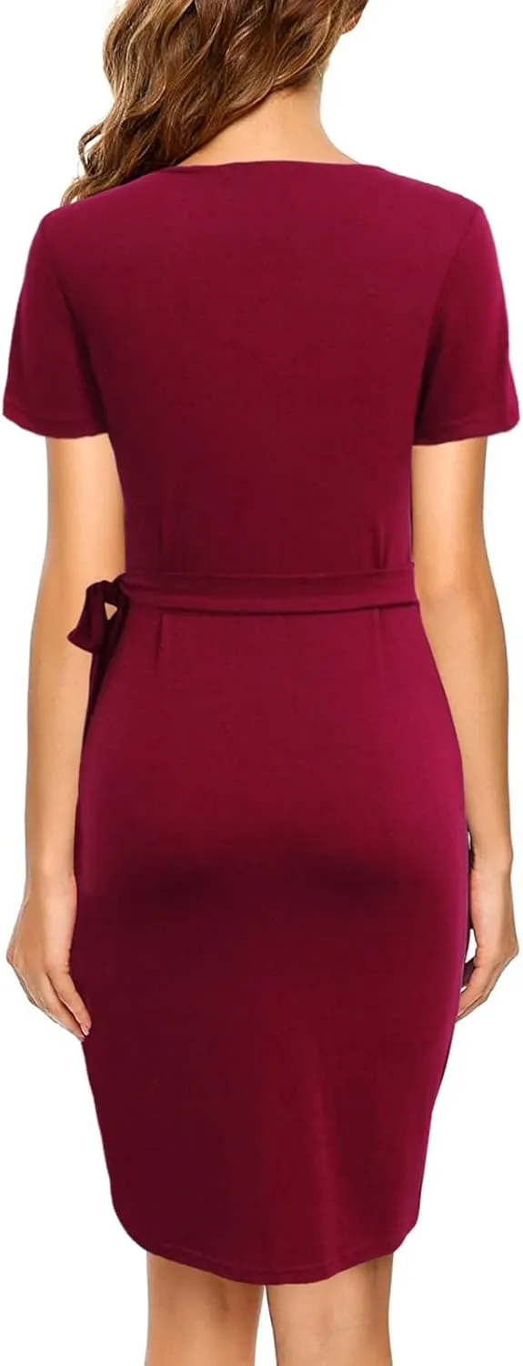 Lyrur Women's Classic V-Neck Casual Party Knee Length Sheath Work Short Sleeve Faux Black Wrap Dress
