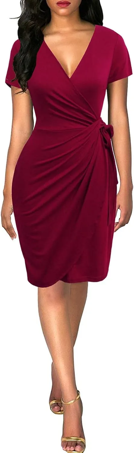 Lyrur Women's Classic V-Neck Casual Party Knee Length Sheath Work Short Sleeve Faux Black Wrap Dress