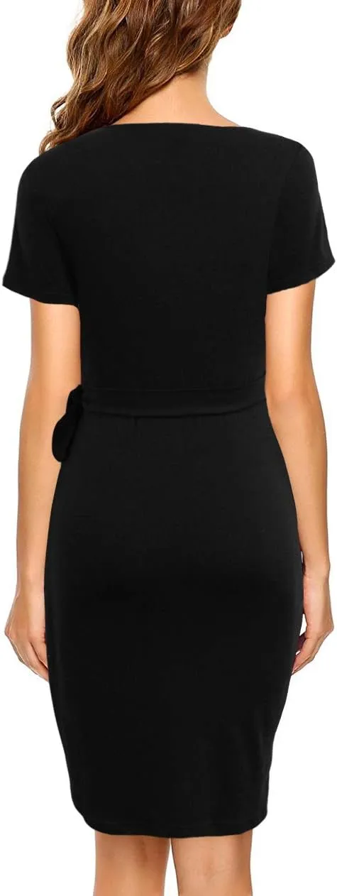 Lyrur Women's Classic V-Neck Casual Party Knee Length Sheath Work Short Sleeve Faux Black Wrap Dress