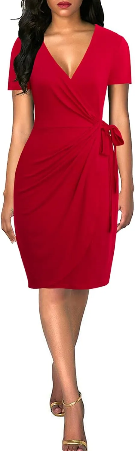Lyrur Women's Classic V-Neck Casual Party Knee Length Sheath Work Short Sleeve Faux Black Wrap Dress