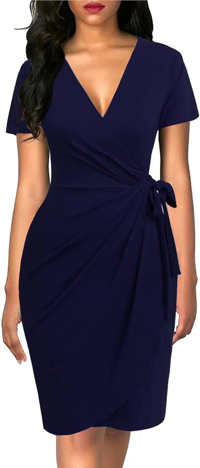 Lyrur Women's Classic V-Neck Casual Party Knee Length Sheath Work Short Sleeve Faux Black Wrap Dress