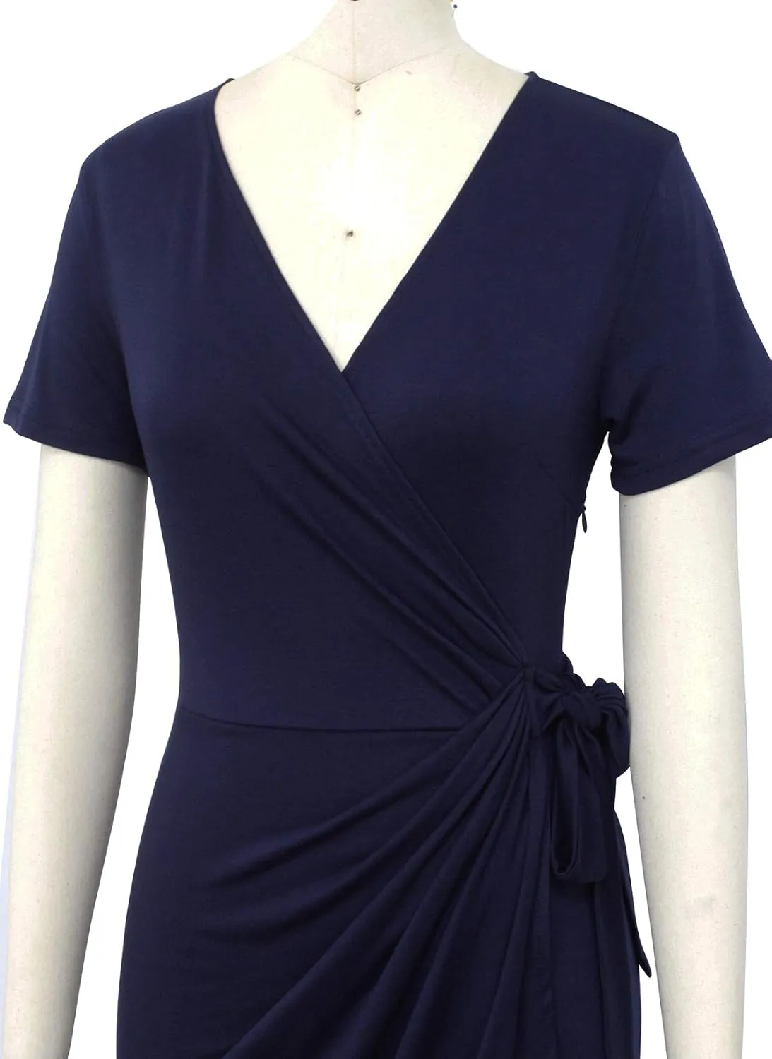 Lyrur Women's Classic V-Neck Casual Party Knee Length Sheath Work Short Sleeve Faux Black Wrap Dress