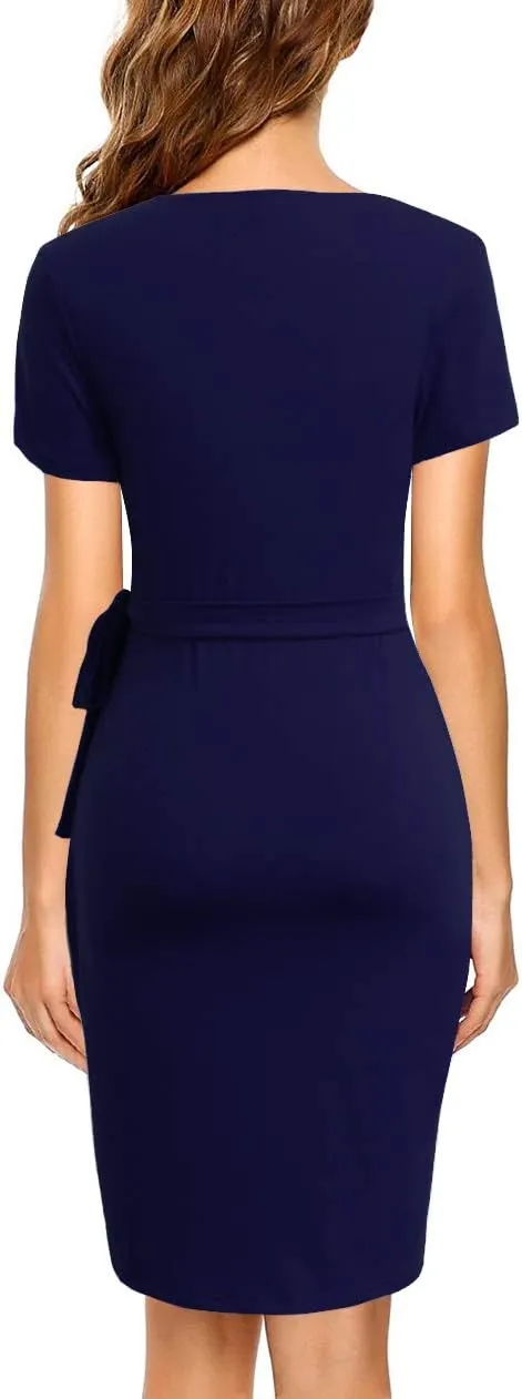 Lyrur Women's Classic V-Neck Casual Party Knee Length Sheath Work Short Sleeve Faux Black Wrap Dress