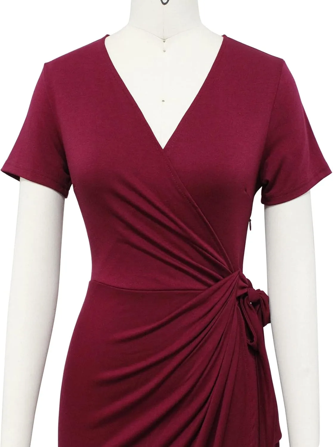 Lyrur Women's Classic V-Neck Casual Party Knee Length Sheath Work Short Sleeve Faux Black Wrap Dress