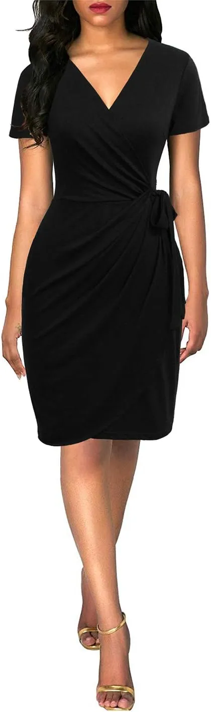 Lyrur Women's Classic V-Neck Casual Party Knee Length Sheath Work Short Sleeve Faux Black Wrap Dress