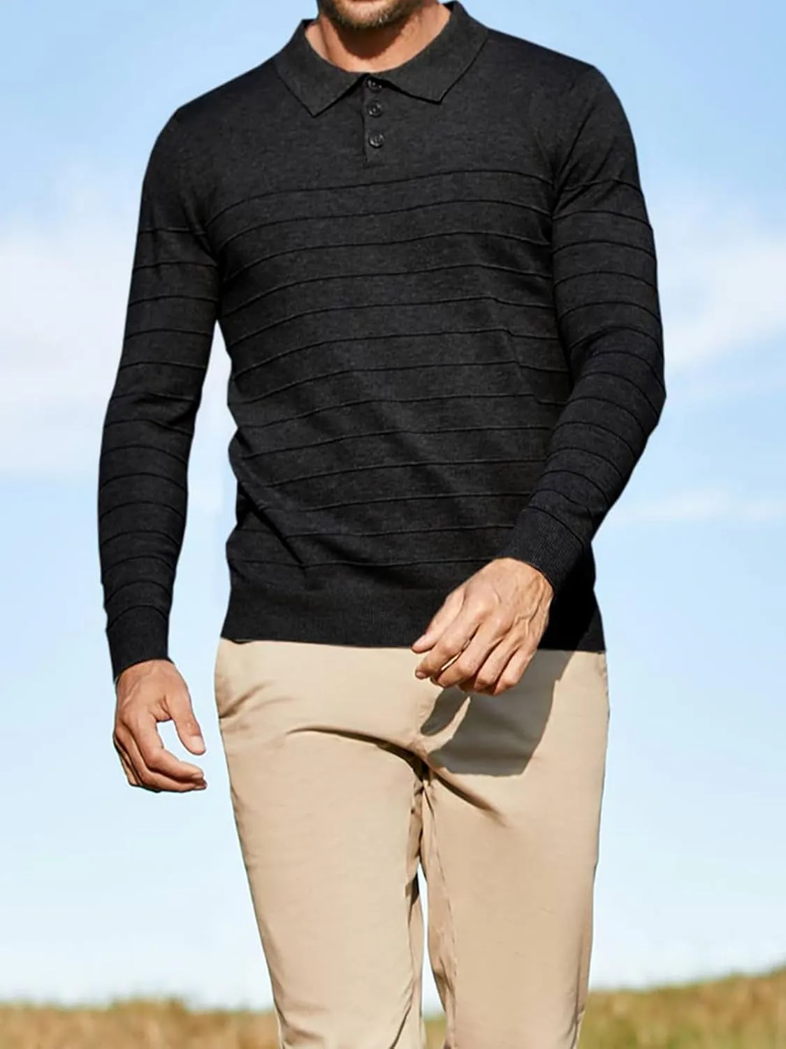 Makkrom Mens Polo Shirts Long Sleeve Striped Pullover Casual Slim Fit Solid Knit Sweater Classic Golf Shirt