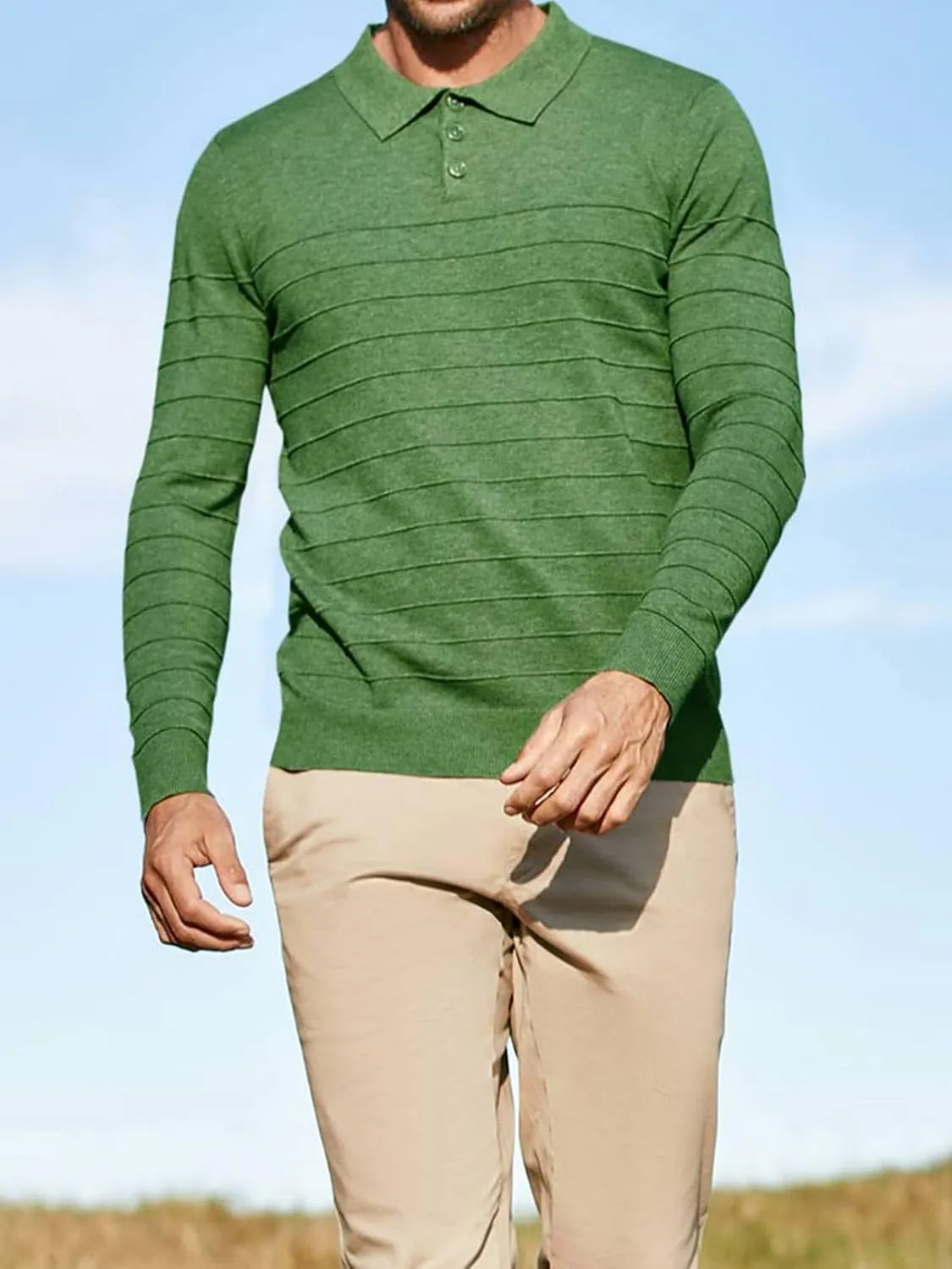 Makkrom Mens Polo Shirts Long Sleeve Striped Pullover Casual Slim Fit Solid Knit Sweater Classic Golf Shirt