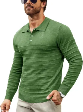 Makkrom Mens Polo Shirts Long Sleeve Striped Pullover Casual Slim Fit Solid Knit Sweater Classic Golf Shirt
