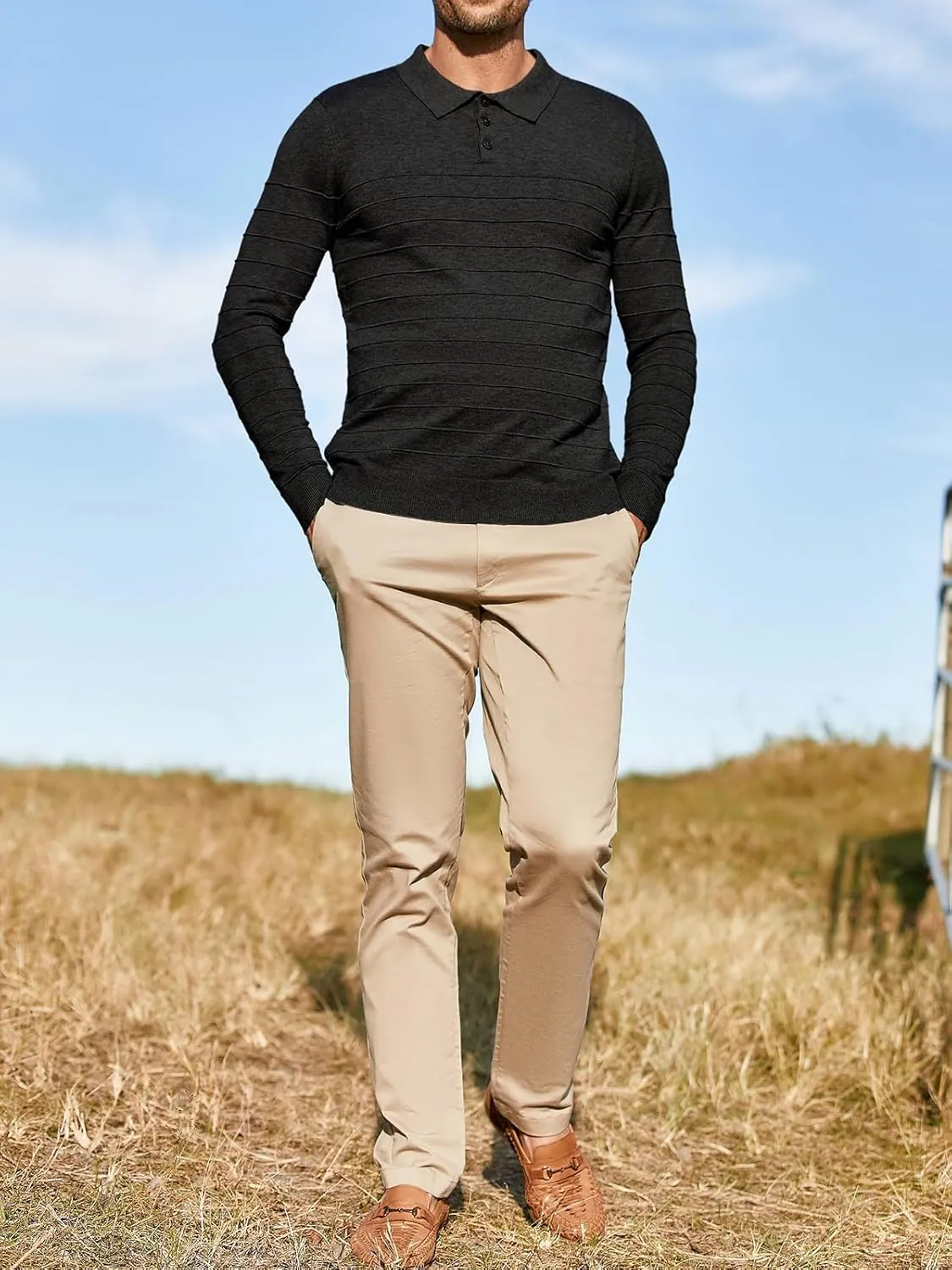 Makkrom Mens Polo Shirts Long Sleeve Striped Pullover Casual Slim Fit Solid Knit Sweater Classic Golf Shirt
