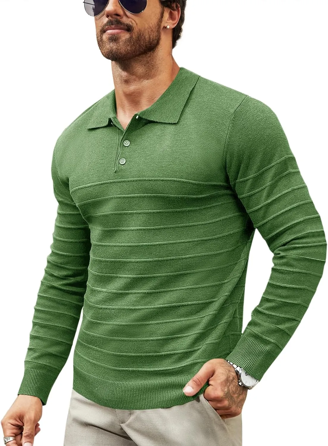 Makkrom Mens Polo Shirts Long Sleeve Striped Pullover Casual Slim Fit Solid Knit Sweater Classic Golf Shirt